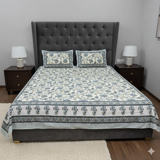 Serene Bloom Blue 400TC 100% Pure Cotton Bedsheet