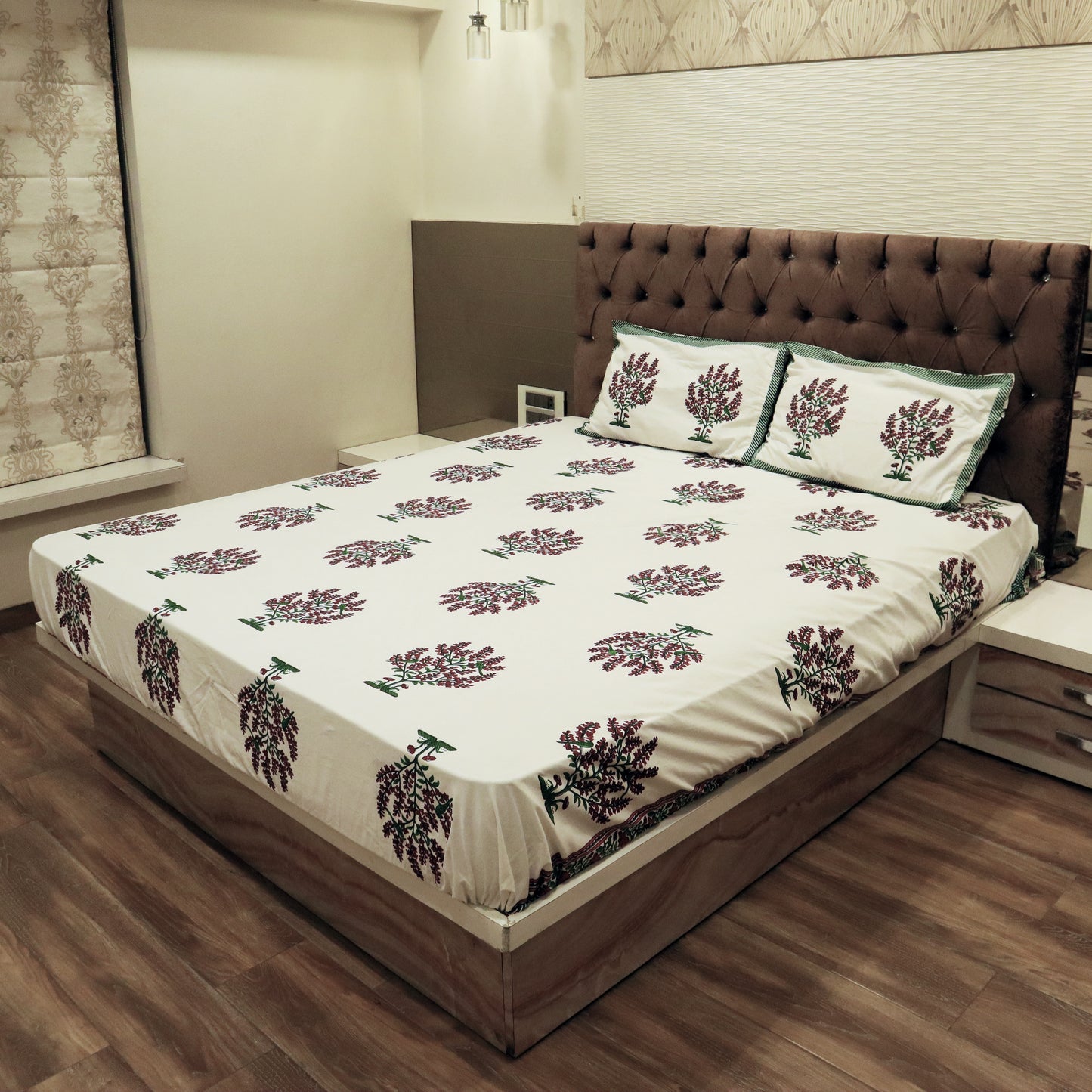 Floral Elegance 100% Pure Cotton 500TC Block Printed Bedsheet
