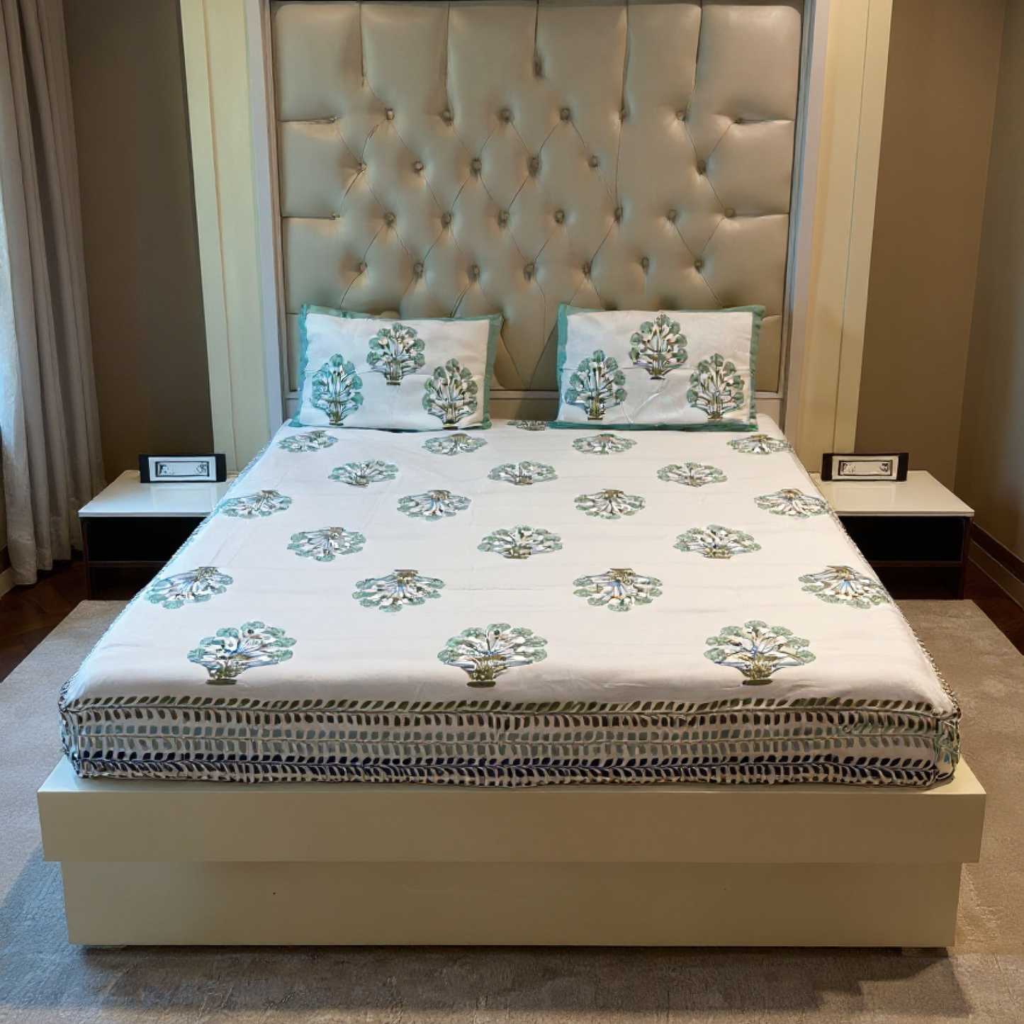 Teal Botanical Handblock 100% Cotton 500TC Bedsheet