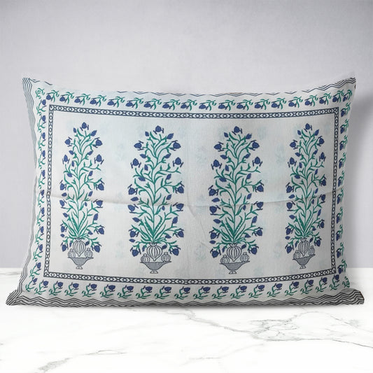 White Blossom Handblock Cotton Pillow Cover (Set of 2)