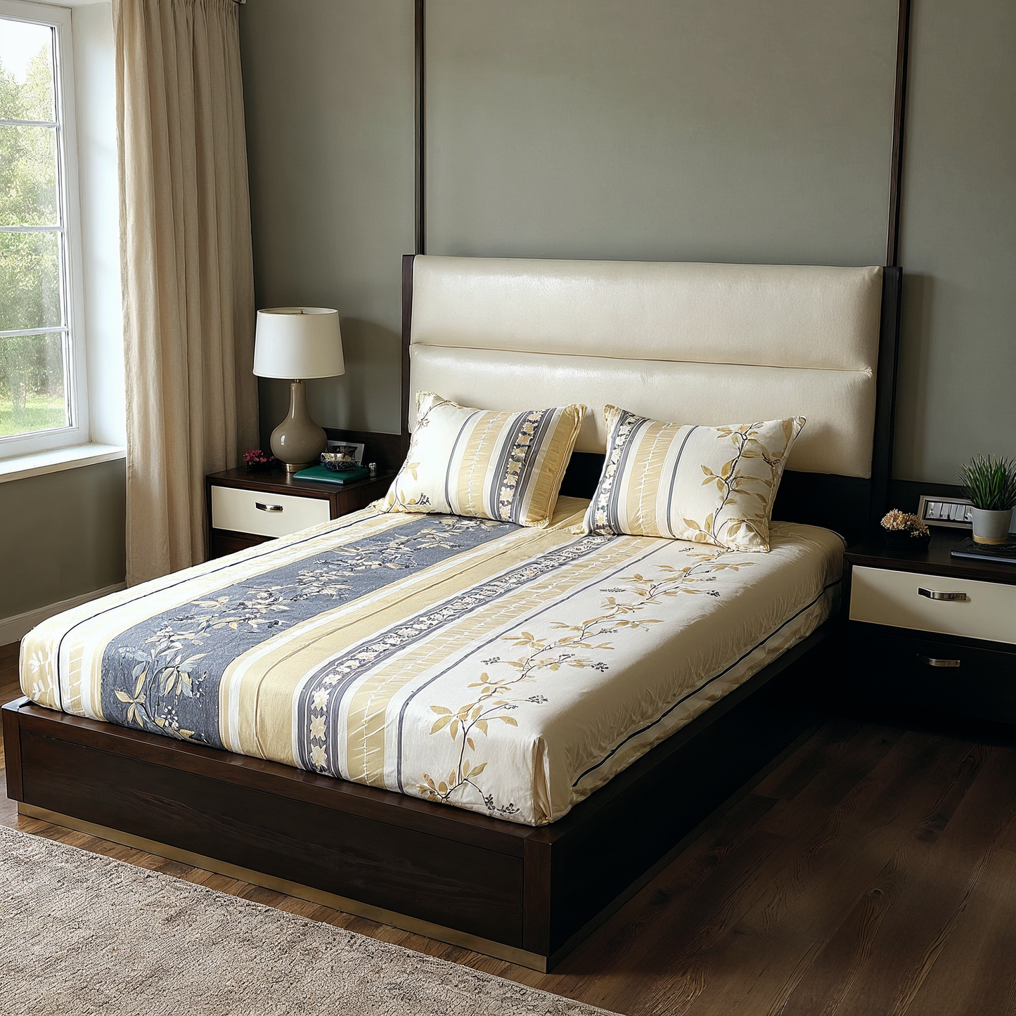 Elegant Botanical Stripes 100% Pure Glace Cotton 400TC Bedsheet