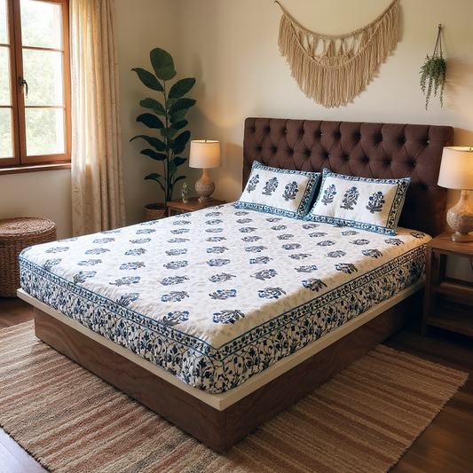 100% Pure Cotton 400TC Ethnic Blue Floral Art Bedsheet