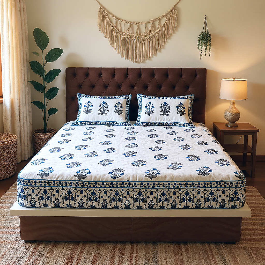 100% Pure Cotton 400TC Ethnic Blue Floral Art Bedsheet