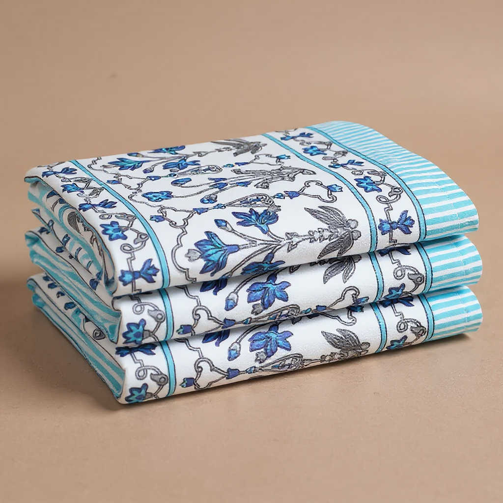 100% Pure Cotton 400TC Ethnic Blue Floral Art Bedsheet
