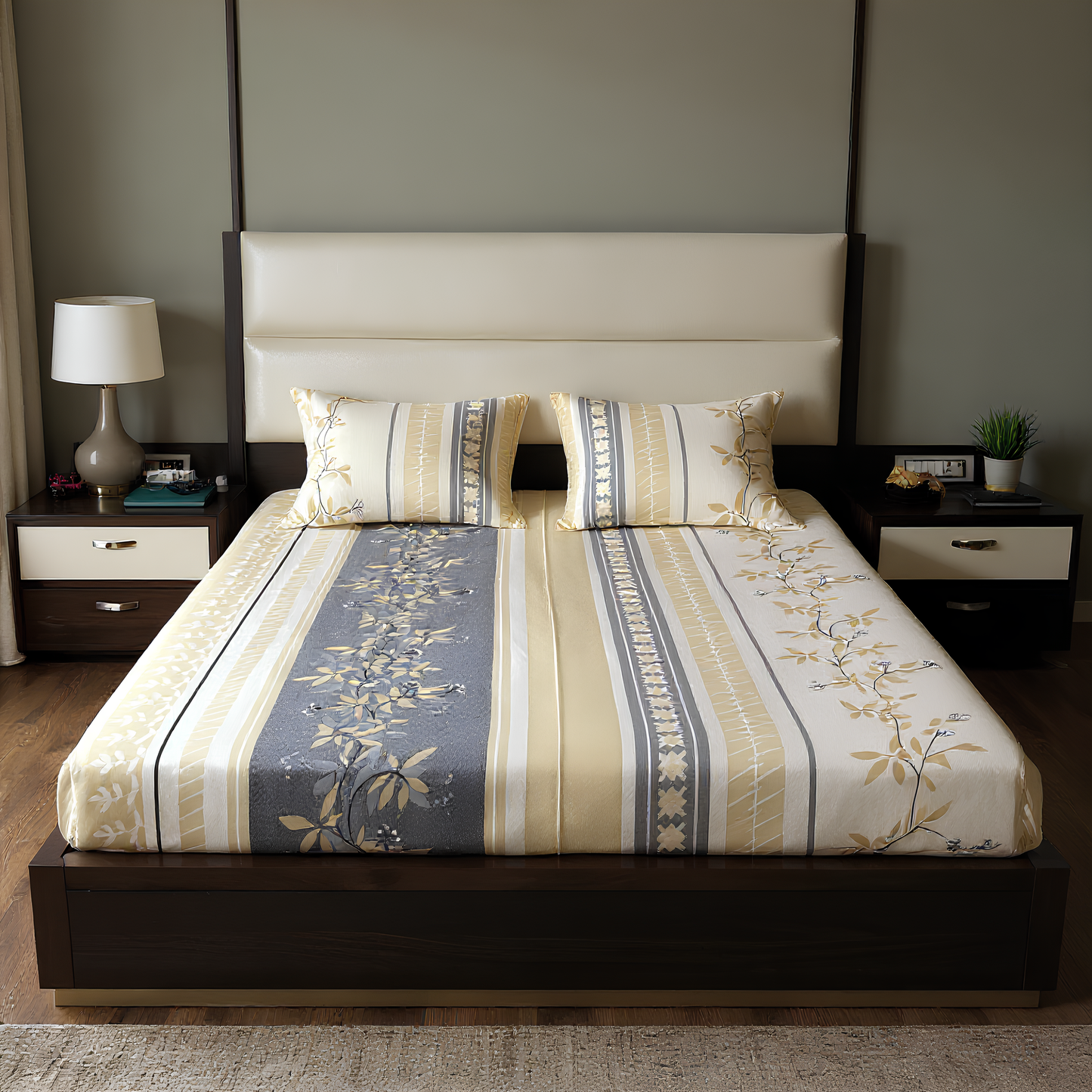Elegant Botanical Stripes 100% Pure Glace Cotton 400TC Bedsheet