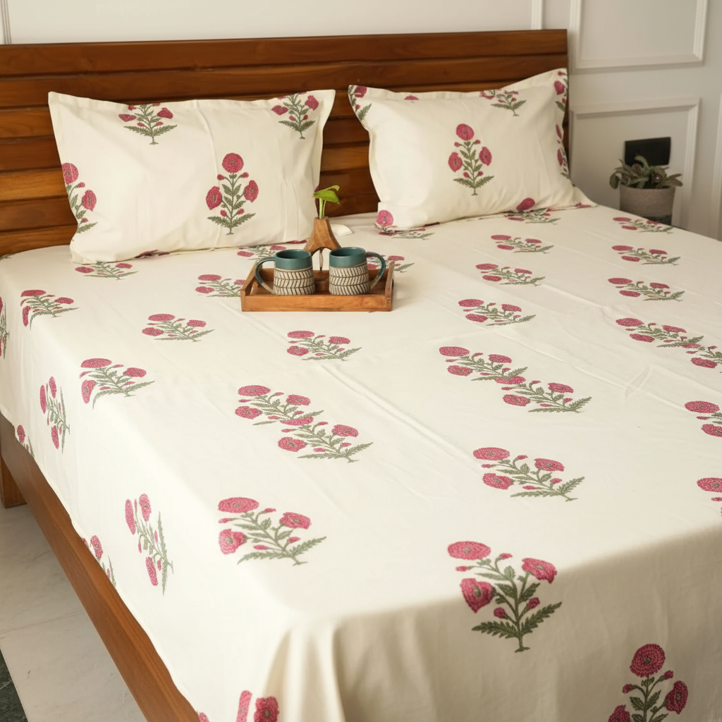 Rose Bloom 400TC Hand Block Print 100% Pure Cotton Bedsheet