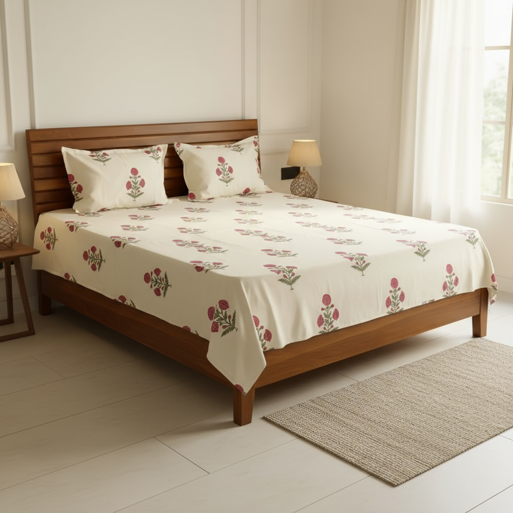 Rose Bloom 400TC Hand Block Print 100% Pure Cotton Bedsheet
