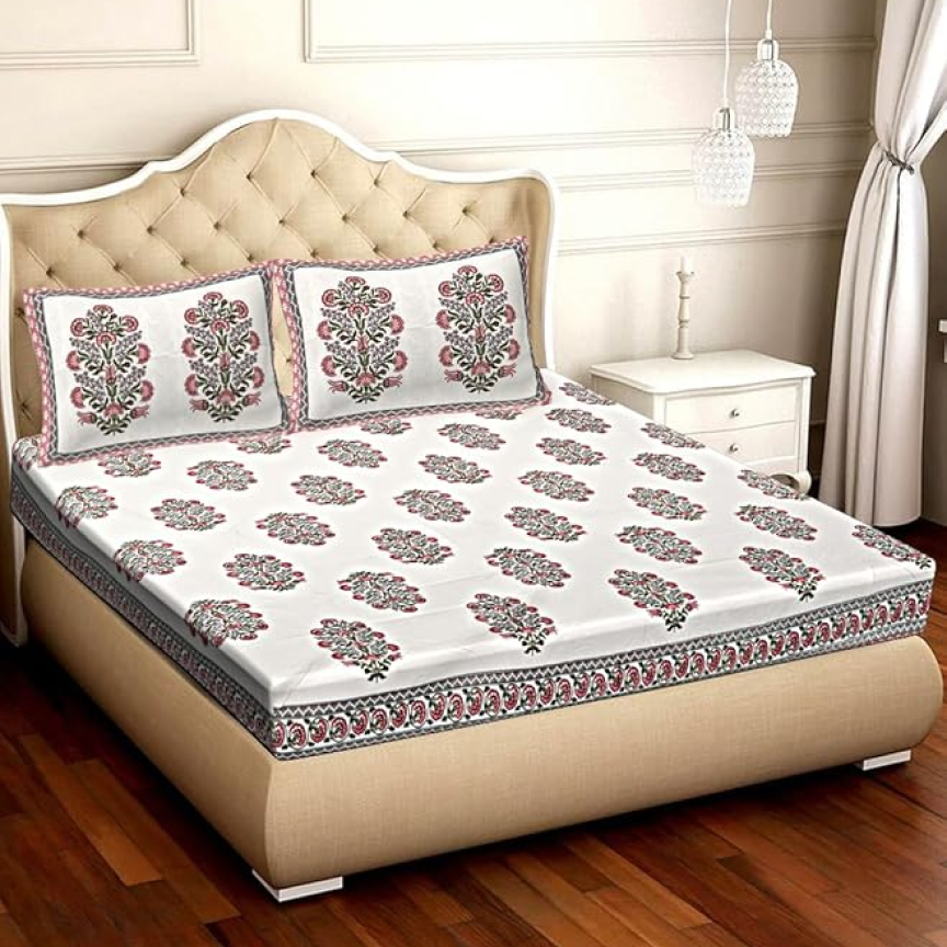 Ruby Bloom 400TC Handblock Floral 100% Pure Cotton Bedsheet
