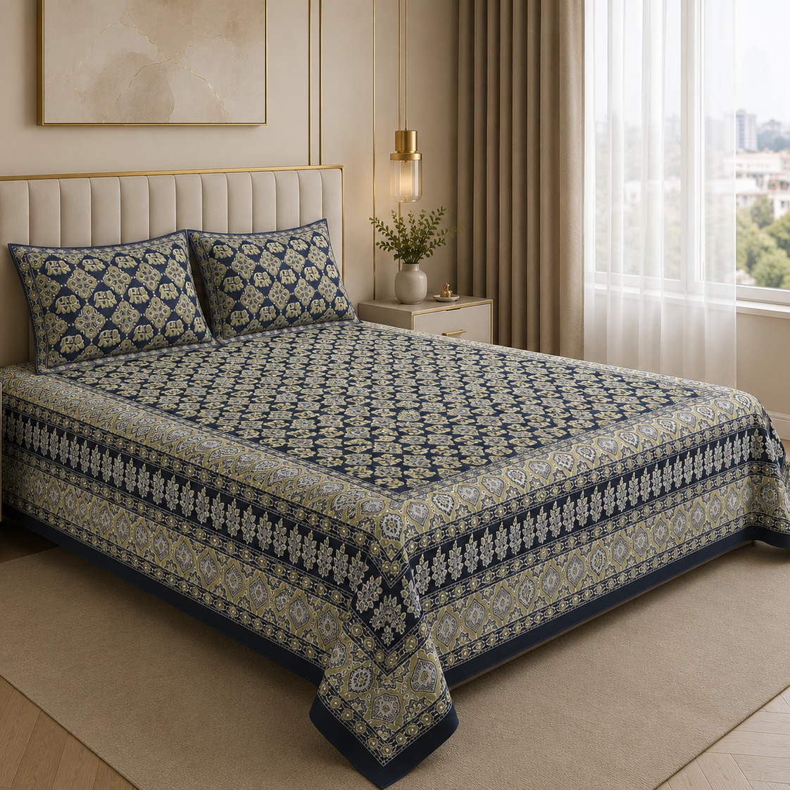 Midnight Royal Block print 100% Pure Cotton Bedsheet