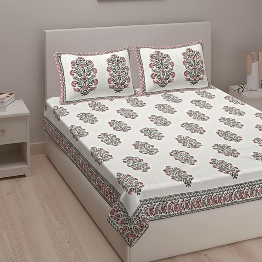 Ruby Bloom 400TC Handblock Floral 100% Pure Cotton Bedsheet