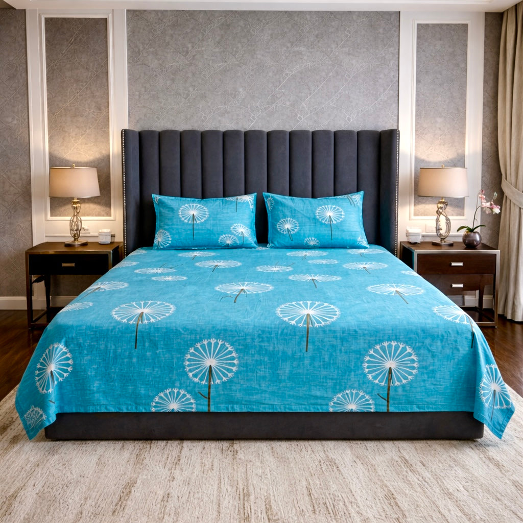 Aqua Wish Floral 300TC Glace Cotton Bedsheet