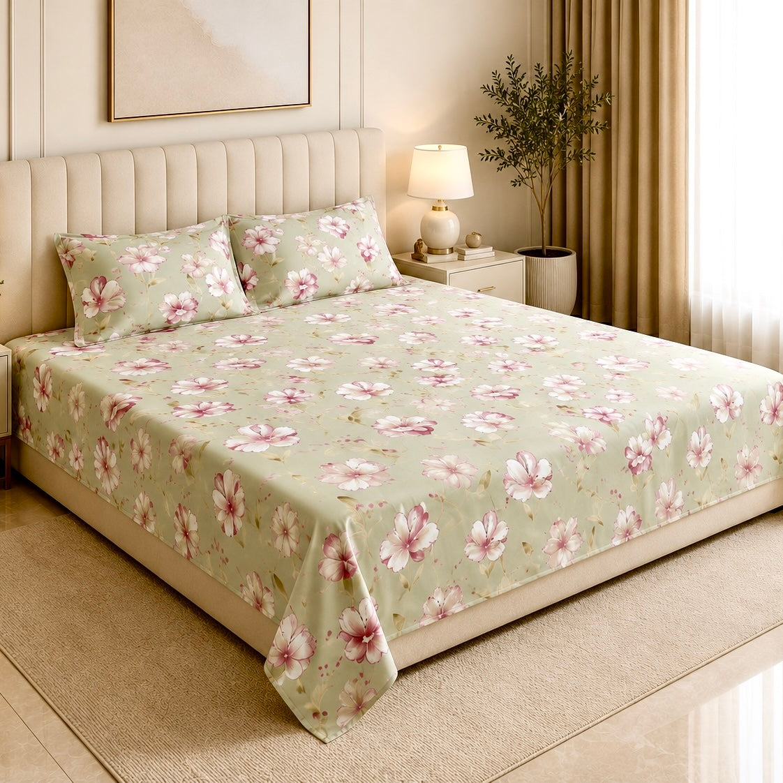 Sage Blossom Glace Cotton 300TC Bedsheet