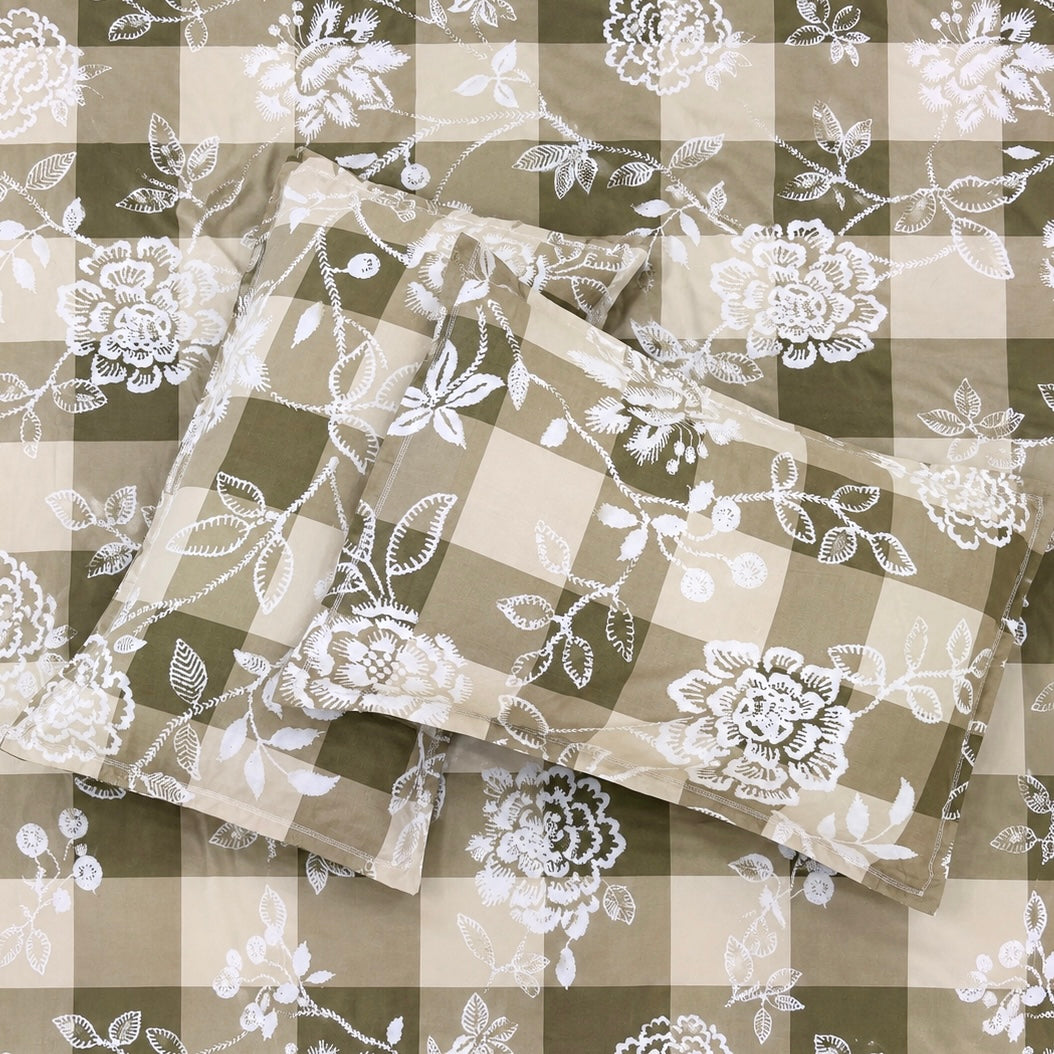 Taupe Blossom Check Glace Cotton 450TC Bedsheet