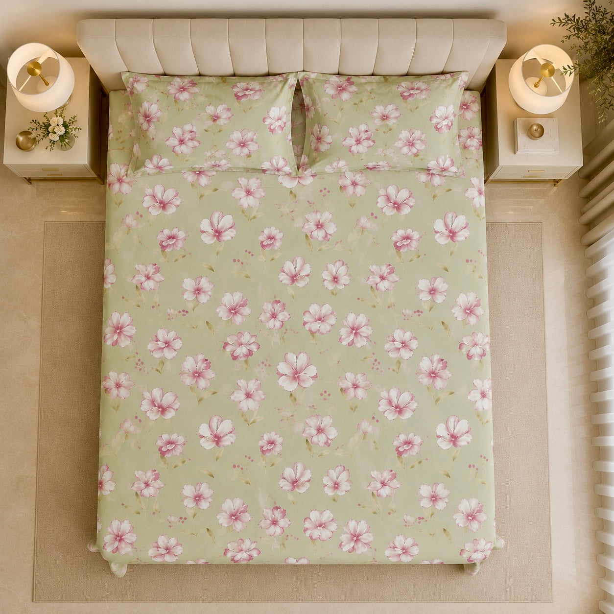 Sage Blossom Glace Cotton 300TC Bedsheet