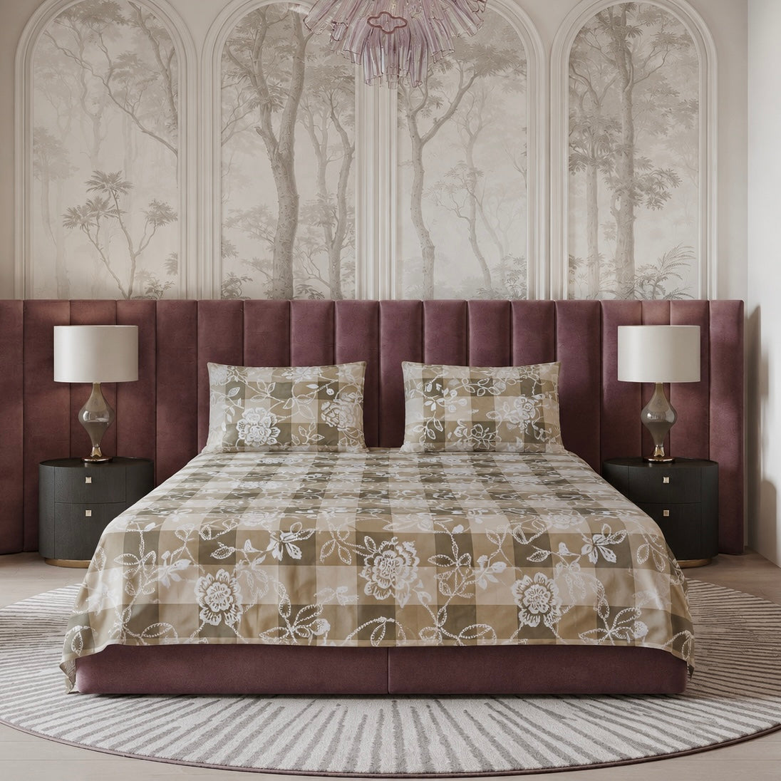 Taupe Blossom Check Glace Cotton 450TC Bedsheet