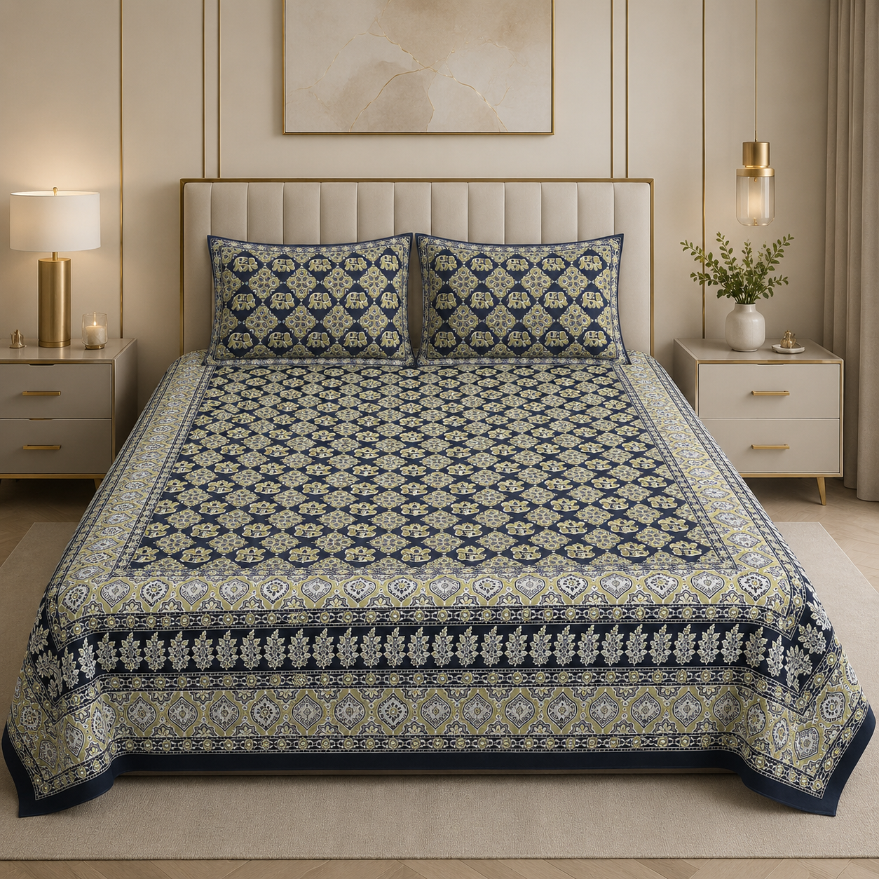 Midnight Royal Block print 100% Pure Cotton Bedsheet