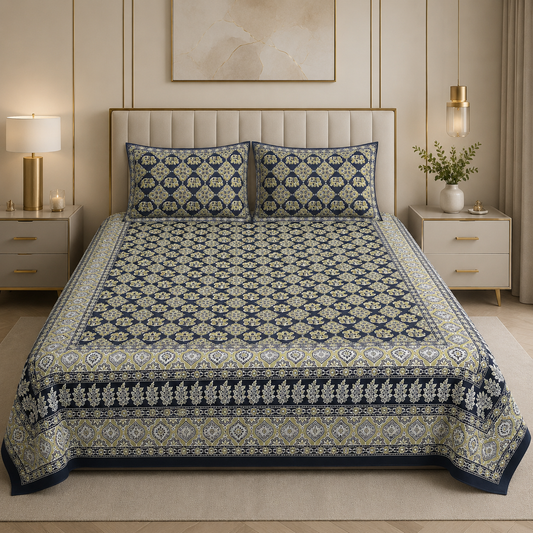Midnight Royal Block print 100% Pure Cotton Bedsheet