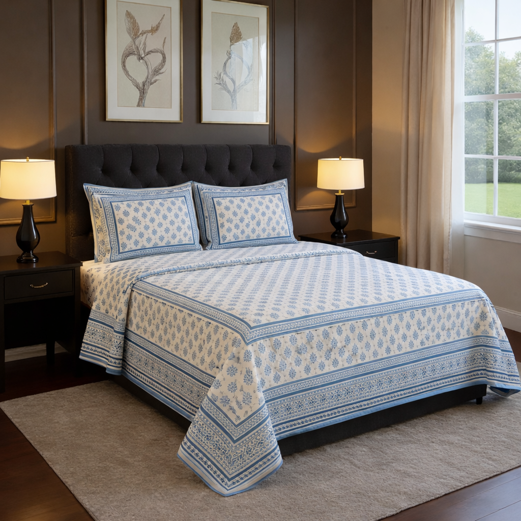 Blue Bloom Heritage 100% Pure Cotton Bedsheet