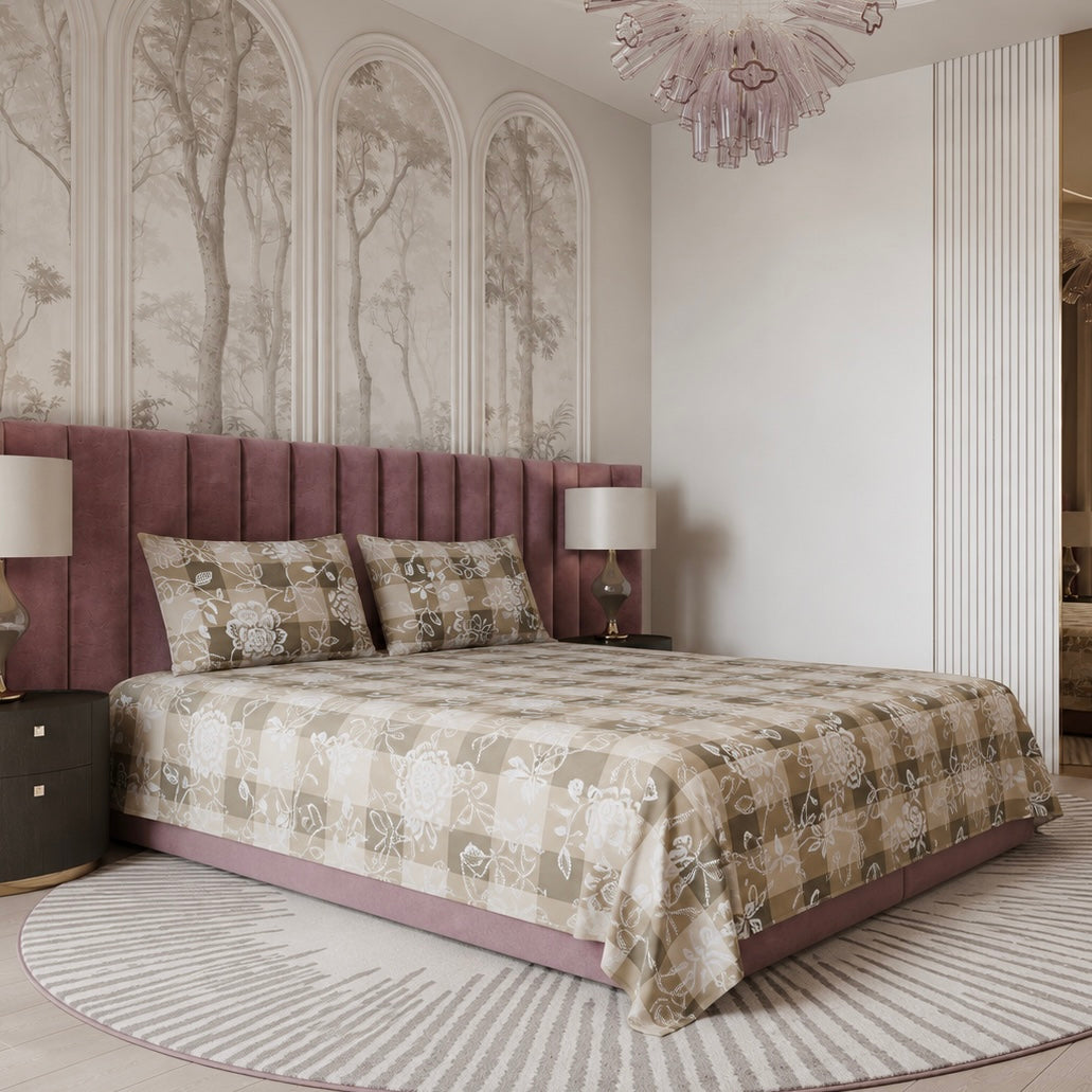 Taupe Blossom Check Glace Cotton 450TC Bedsheet