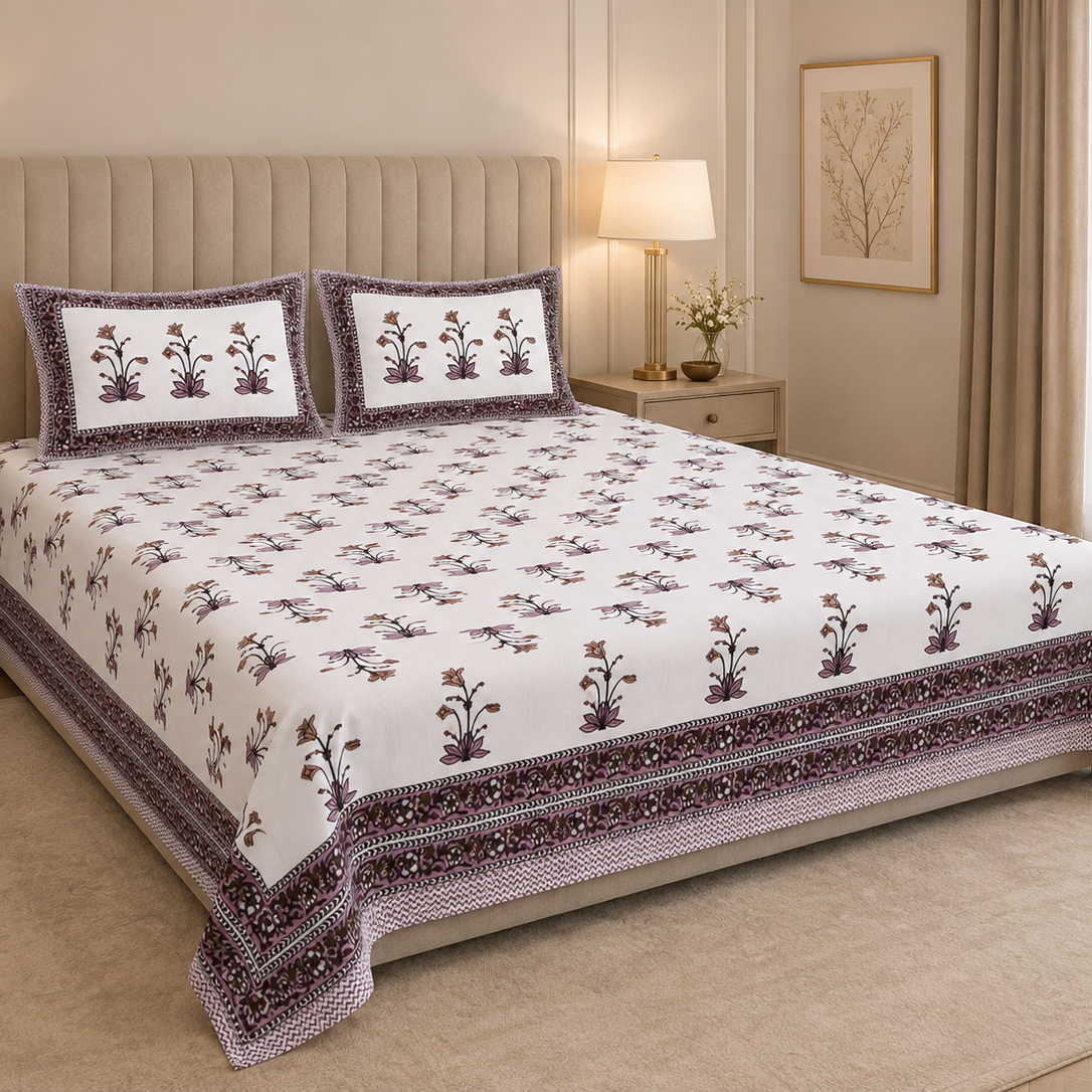 Lavender Bloom 400TC 100% Pure Cotton Bedsheet