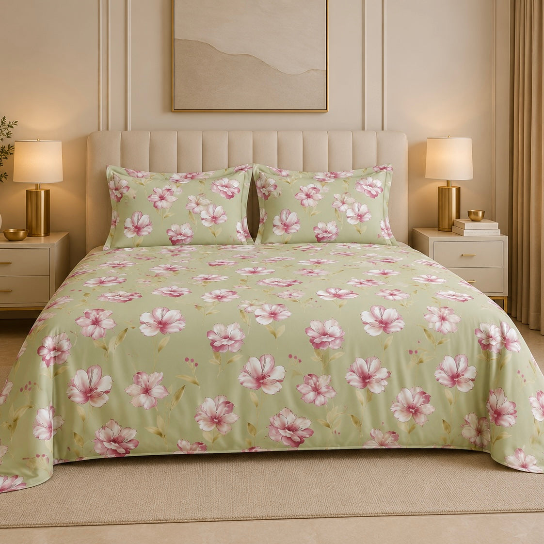 Sage Blossom Glace Cotton 300TC Bedsheet
