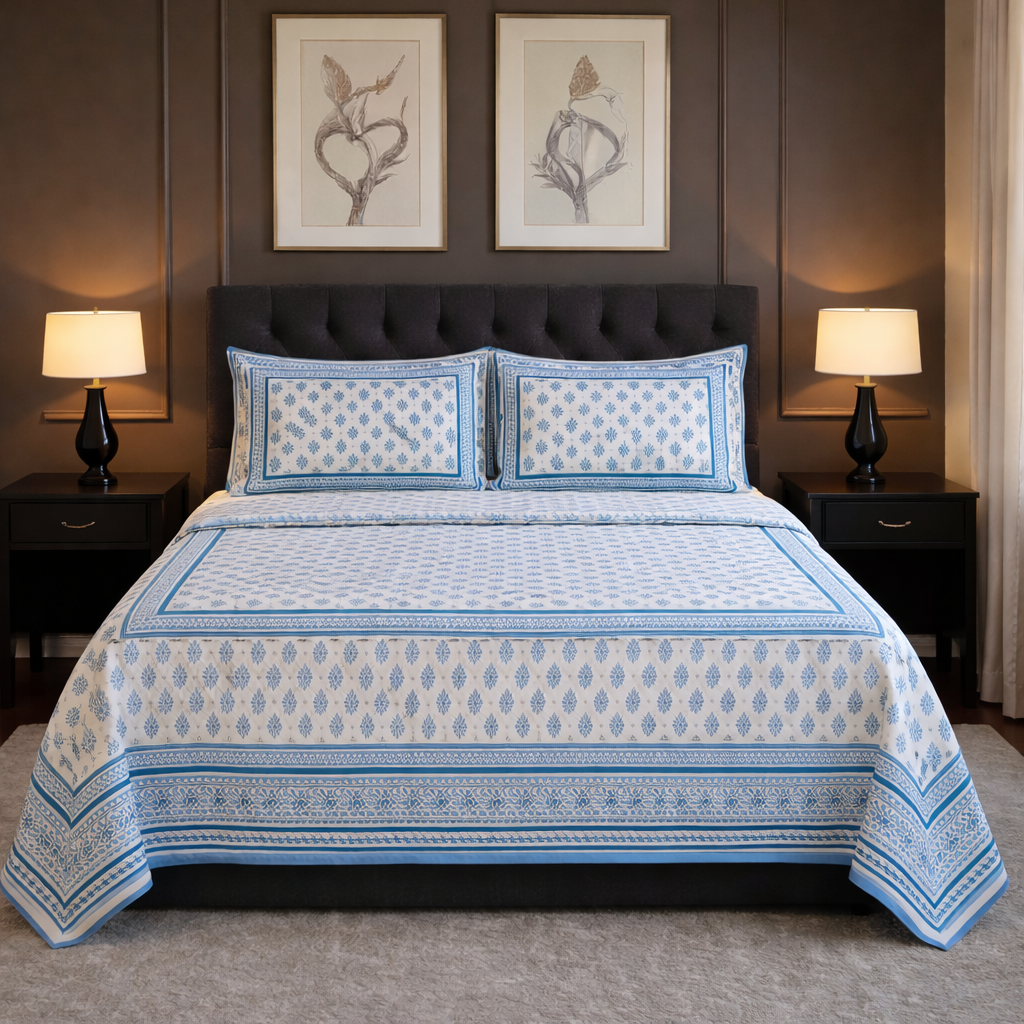 Blue Bloom Heritage 100% Pure Cotton Bedsheet