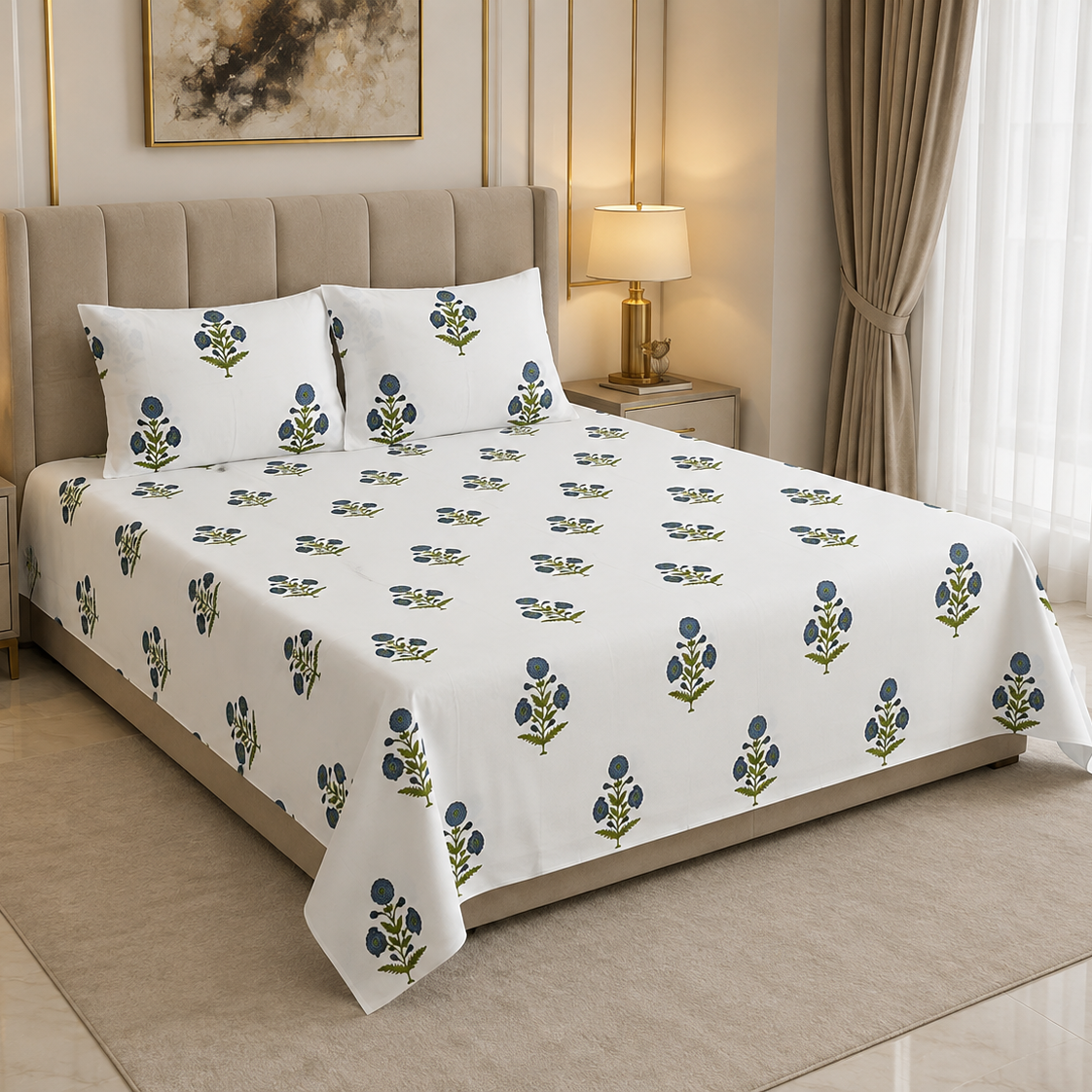 Indigo Sprig 400TC 100% Pure Cotton Bedsheet