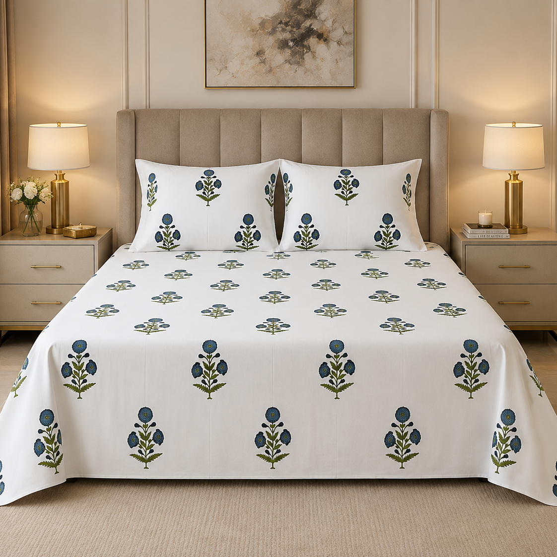 Indigo Sprig 400TC 100% Pure Cotton Bedsheet