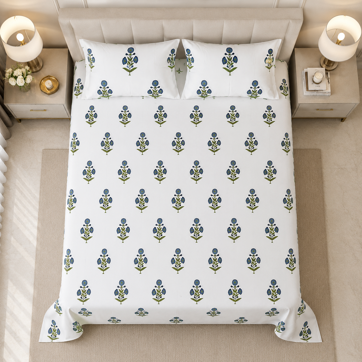 Indigo Sprig 400TC 100% Pure Cotton Bedsheet