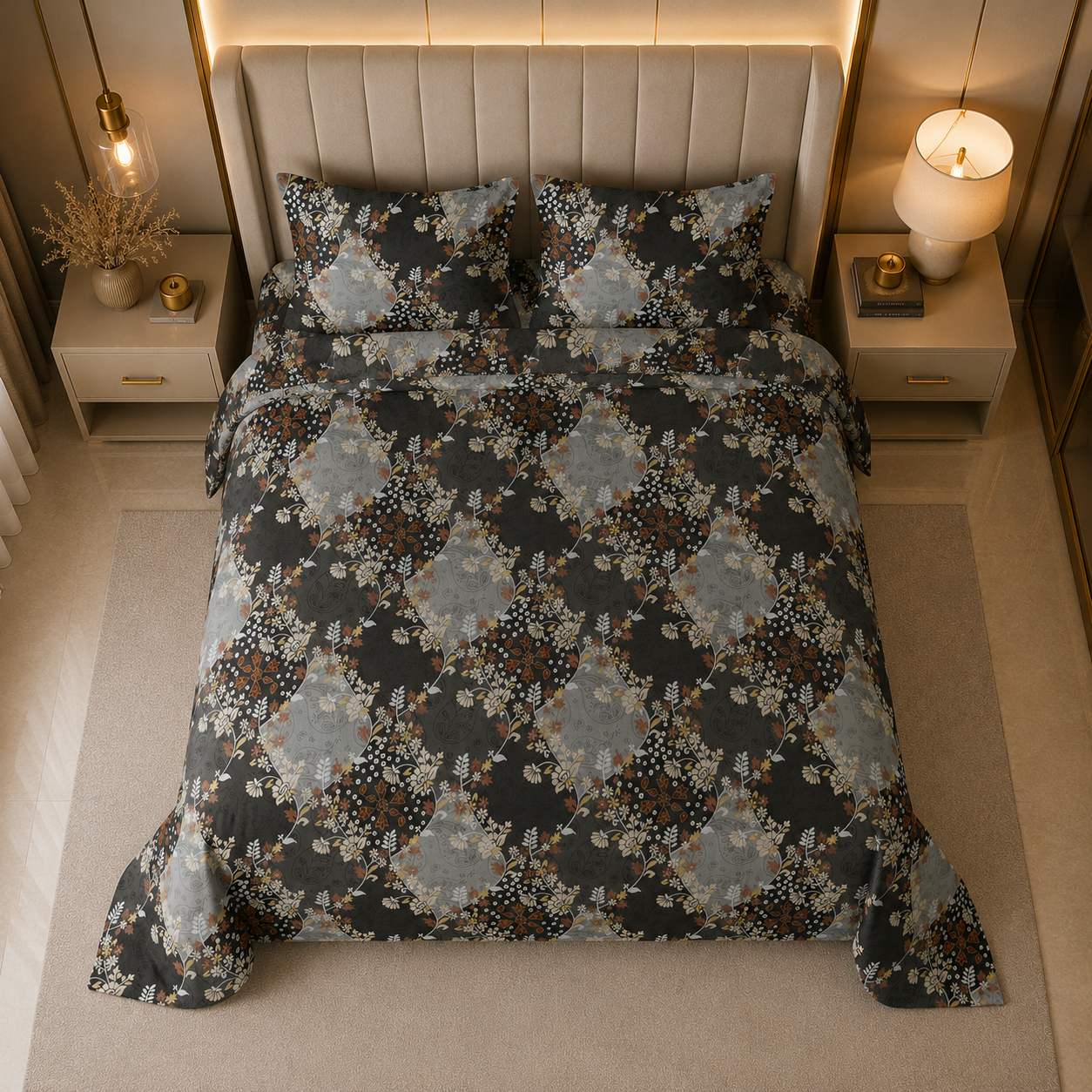 Noir Floral Mosaic Glace Cotton 300TC Bedsheet