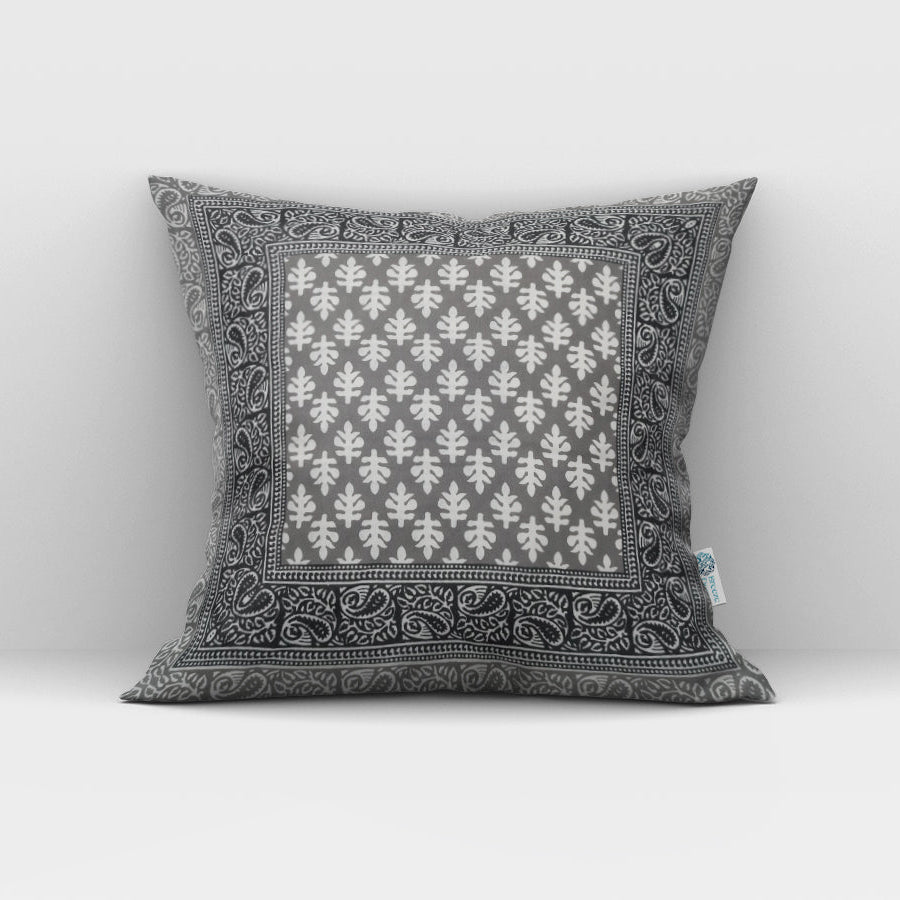 Grey Floral Charm Jaipuri Cotton Cushion Cover