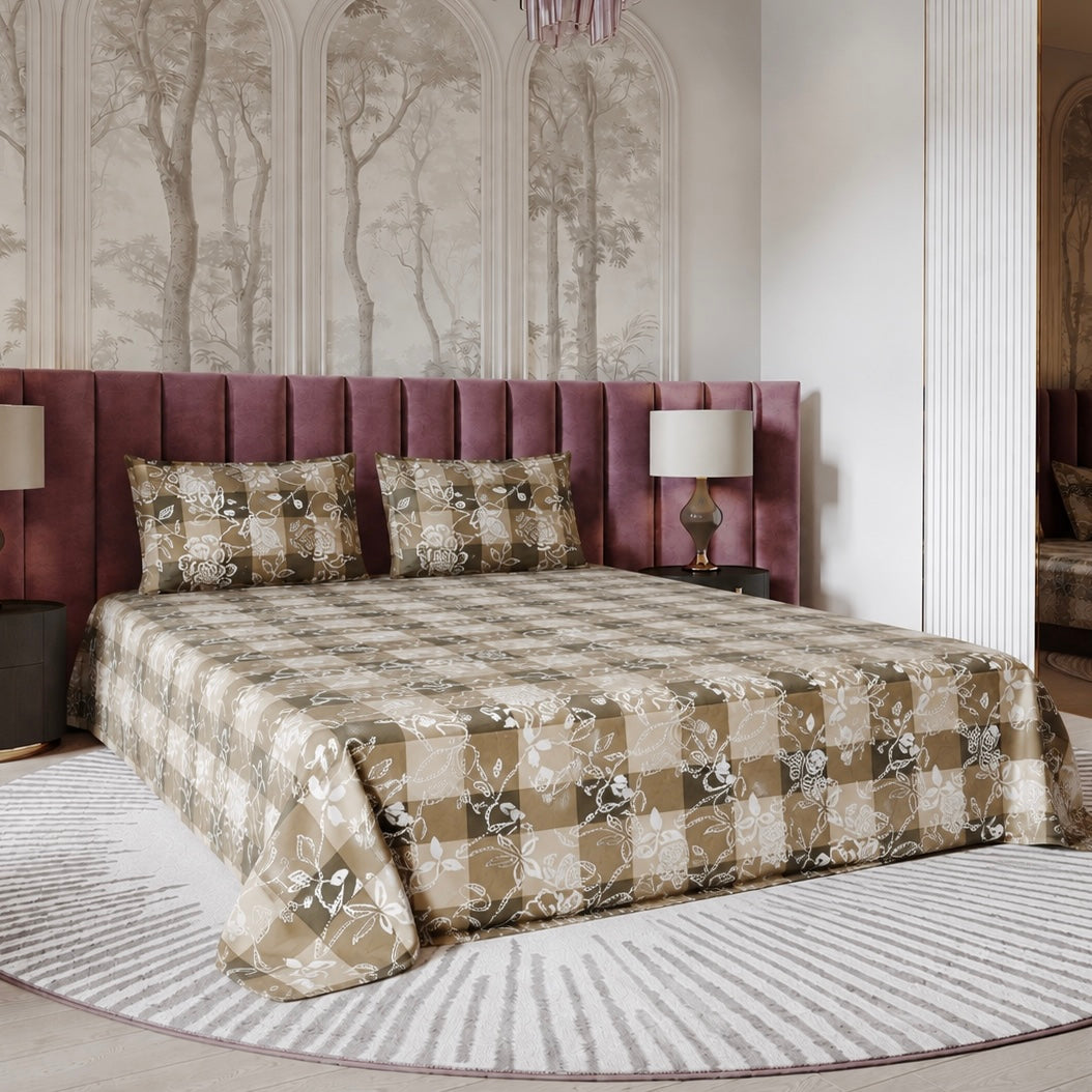 Taupe Blossom Check Glace Cotton 450TC Bedsheet