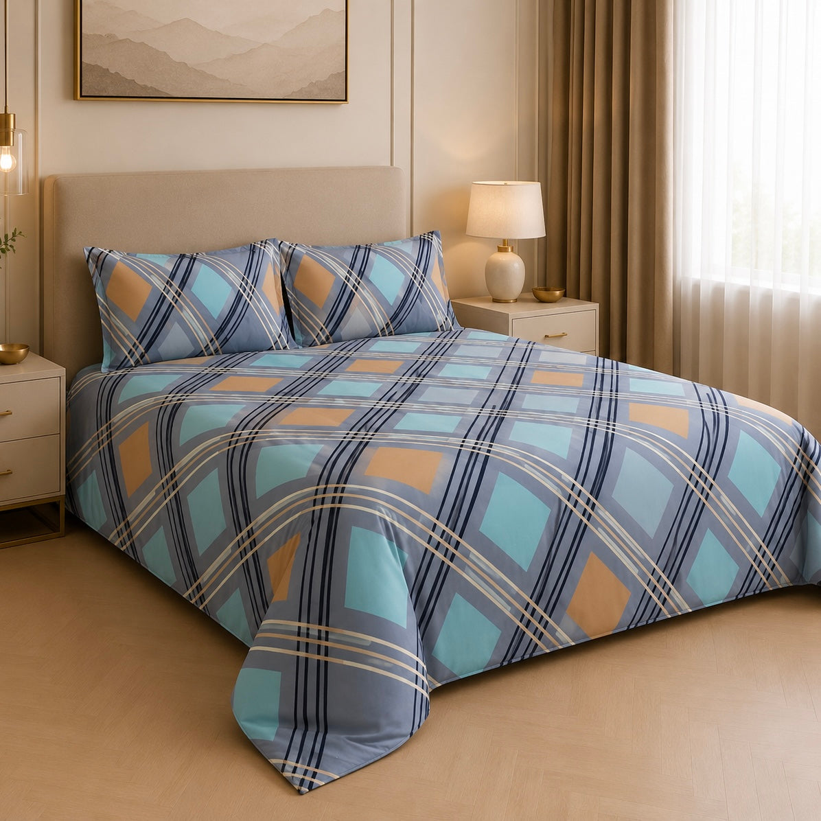 Azure Plaid Diamond Glace Cotton 450TC Bedsheet