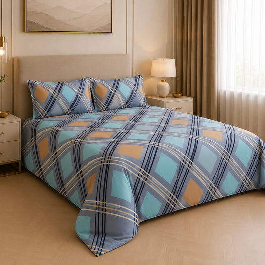 Azure Plaid Diamond Glace Cotton 450TC Bedsheet