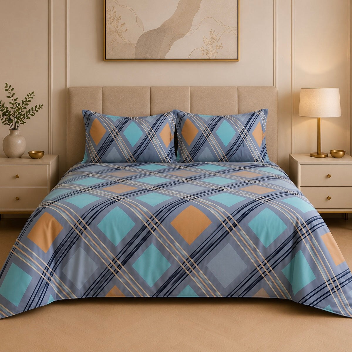 Azure Plaid Diamond Glace Cotton 450TC Bedsheet