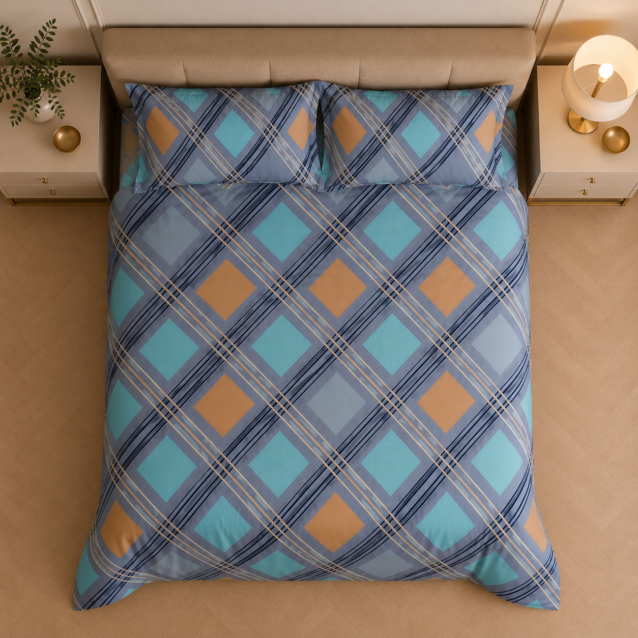 Azure Plaid Diamond Glace Cotton 450TC Bedsheet