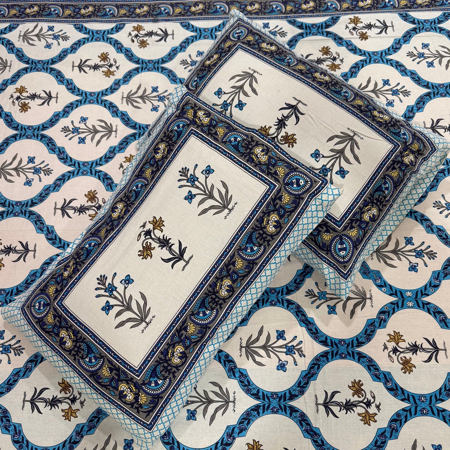 Blue Mirage Handblock 100% Pure Cotton 300TC Bedsheet