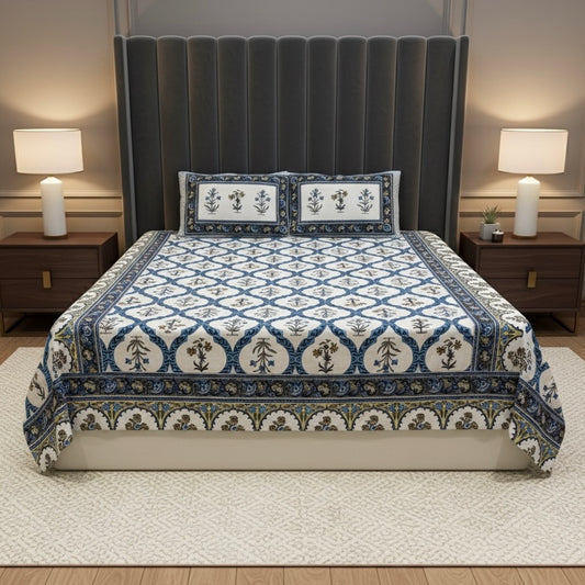 Blue Mirage Handblock 100% Pure Cotton 300TC Bedsheet