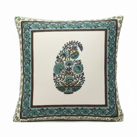 Royal Teal Bloom Handblock Cotton Cushion Cover (Set of 2)
