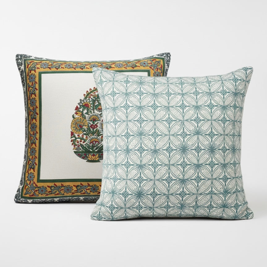 Vintage Floral Heritage Handblock Cotton Cushion Cover (Set of 2)