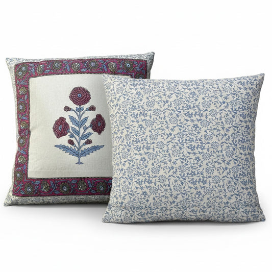 Blossom Crest Handblock Cotton Cushion Cover (Set of 2)