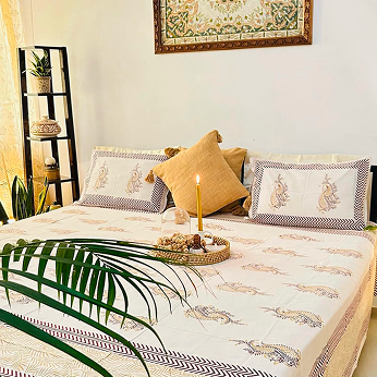 Majestic Yellow 100% Pure Cotton 400TC Hand block Bedsheet