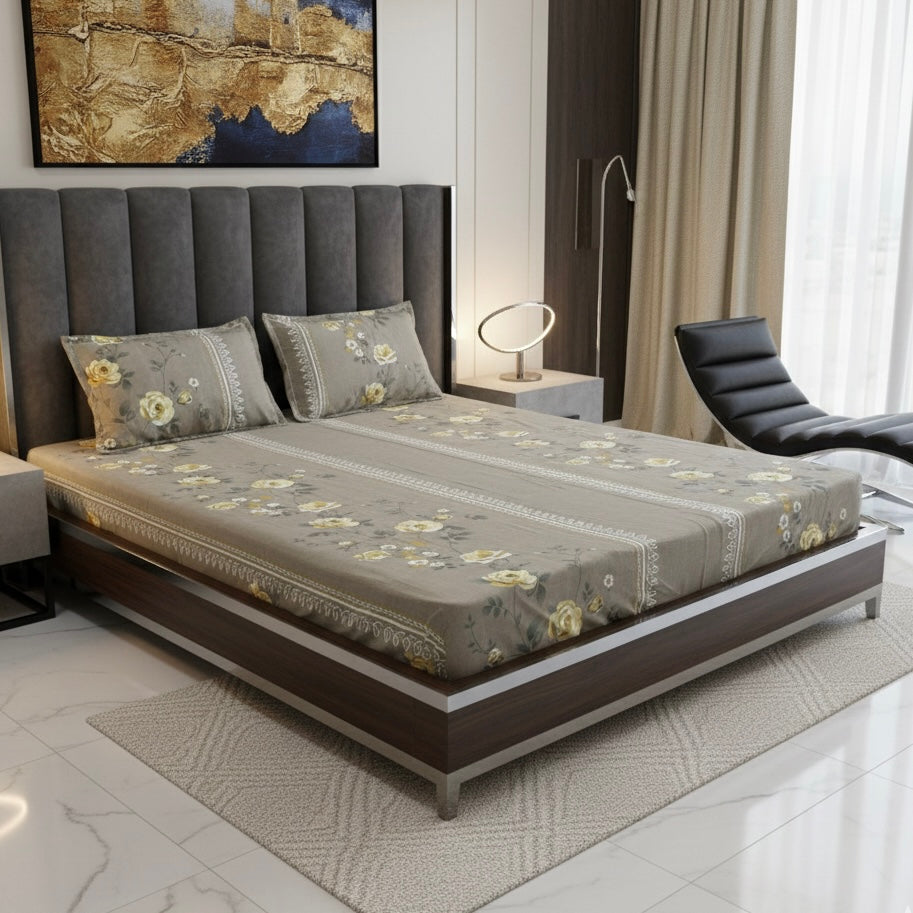 Stone Bloom 400TC Glace Cotton Floral Bedsheet