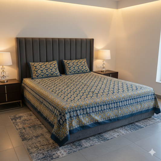 Midnight Royal Block print 100% Pure Cotton Bedsheet
