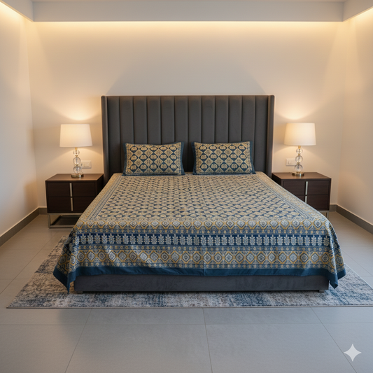 Midnight Royal Block print 100% Pure Cotton Bedsheet