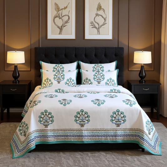 Teal Botanical Handblock 100% Cotton 500TC Bedsheet