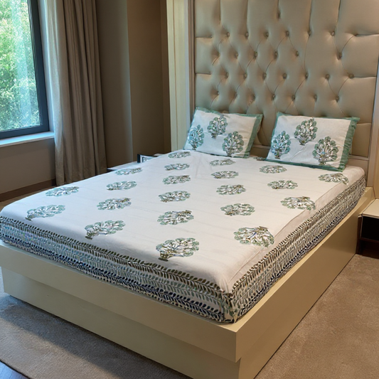 Teal Botanical Handblock 100% Cotton 500TC Fitted Bedsheet