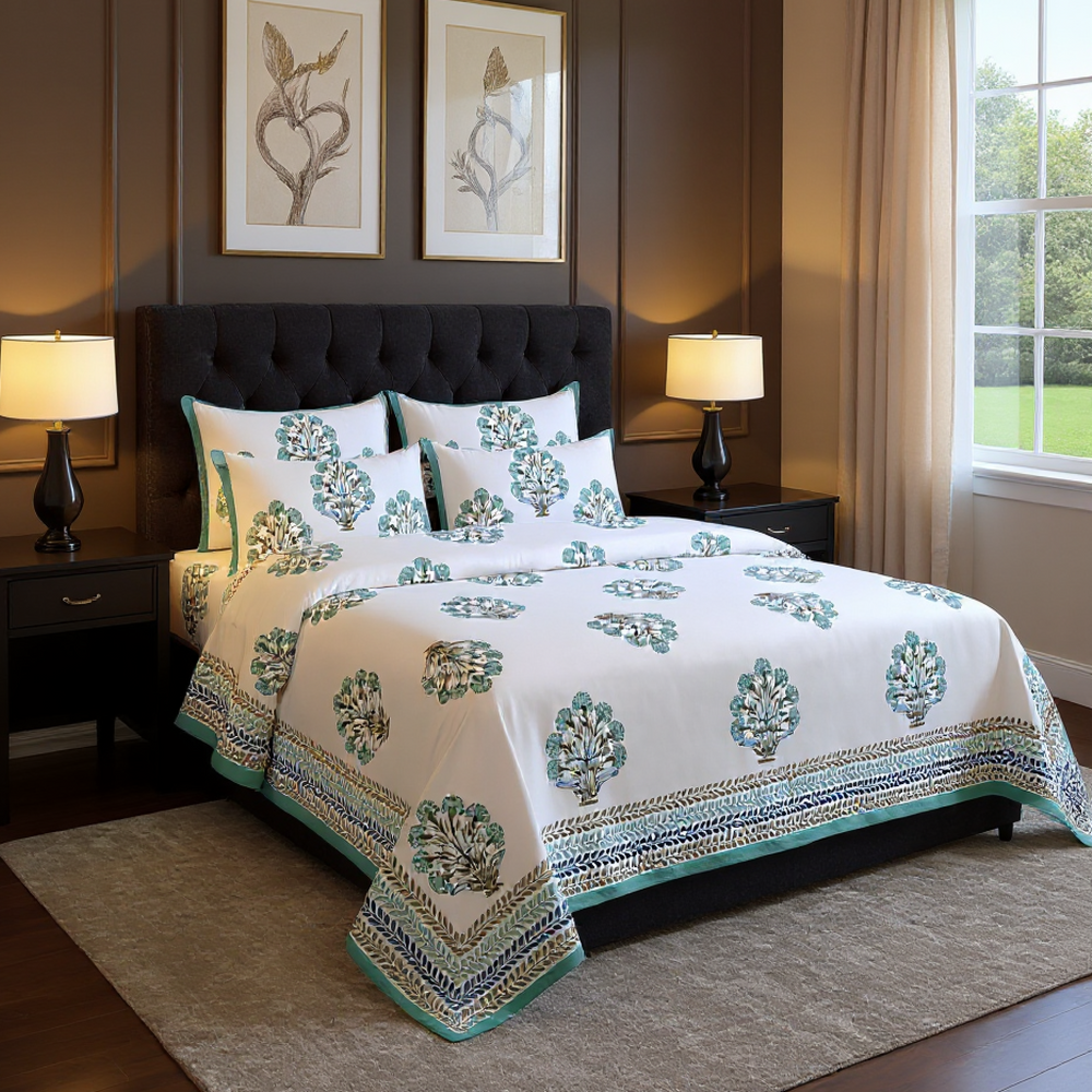 Teal Botanical Handblock 100% Cotton 500TC Bedsheet