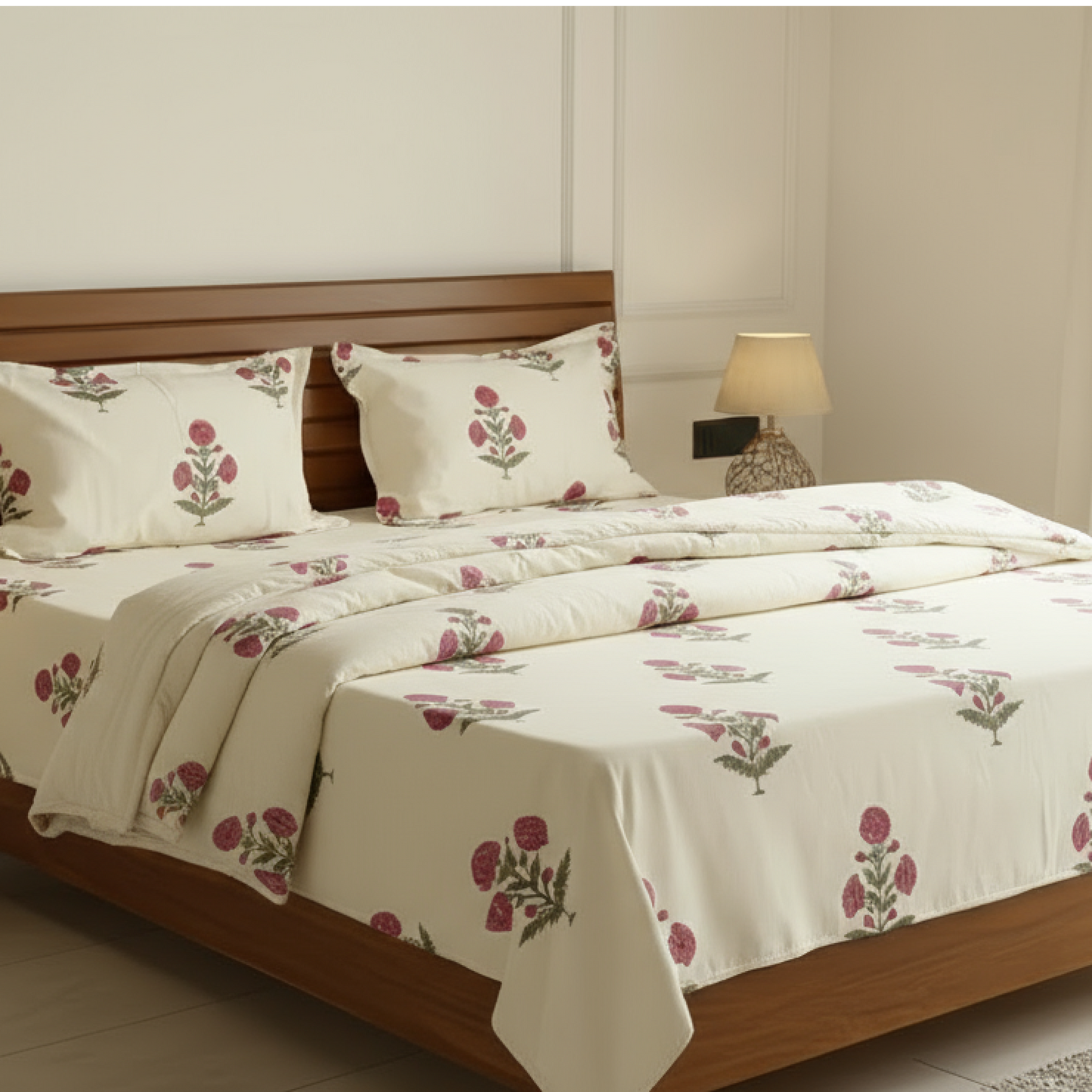 Rose Bloom 400TC Hand Block Print 100% Pure Cotton Bedsheet