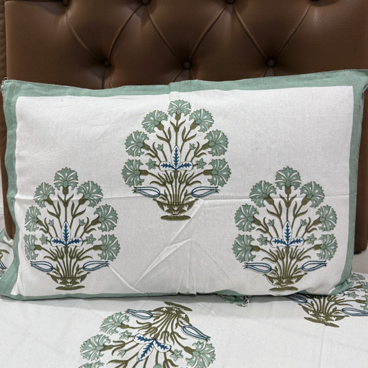 Teal Botanical Handblock Cotton Pillow Cover (Set of 2)